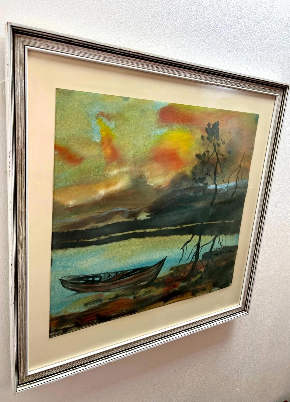 Vintage Watercolour Lake Boat Sunset Landscape Painting, Mid Century Framed Art, Original Nature Scene
