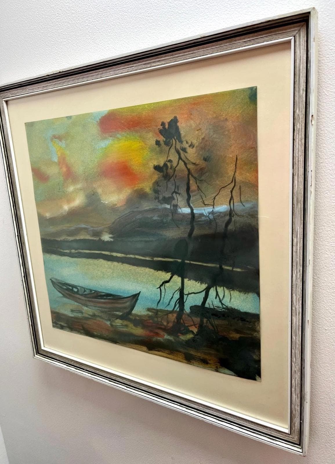 Vintage Watercolour Lake Boat Sunset Landscape Painting, Mid Century Framed Art, Original Nature Scene