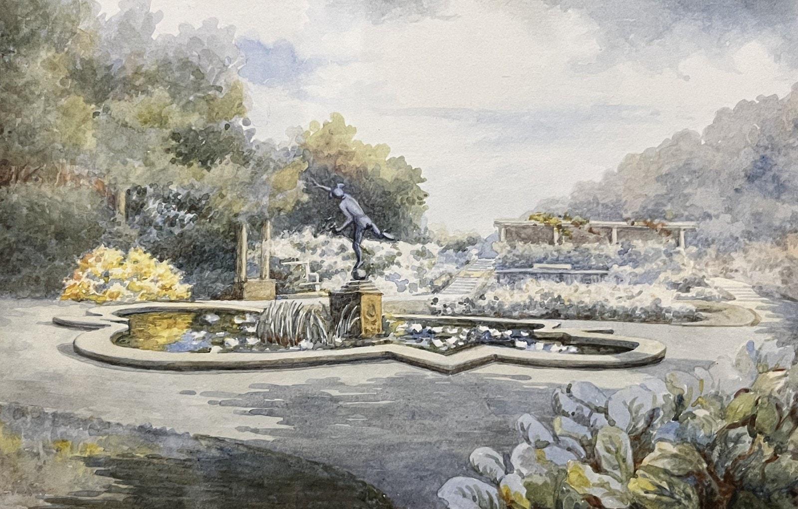 Vintage Watercolour Style Garden Fountain Print Framed or Unframed 45x35cm