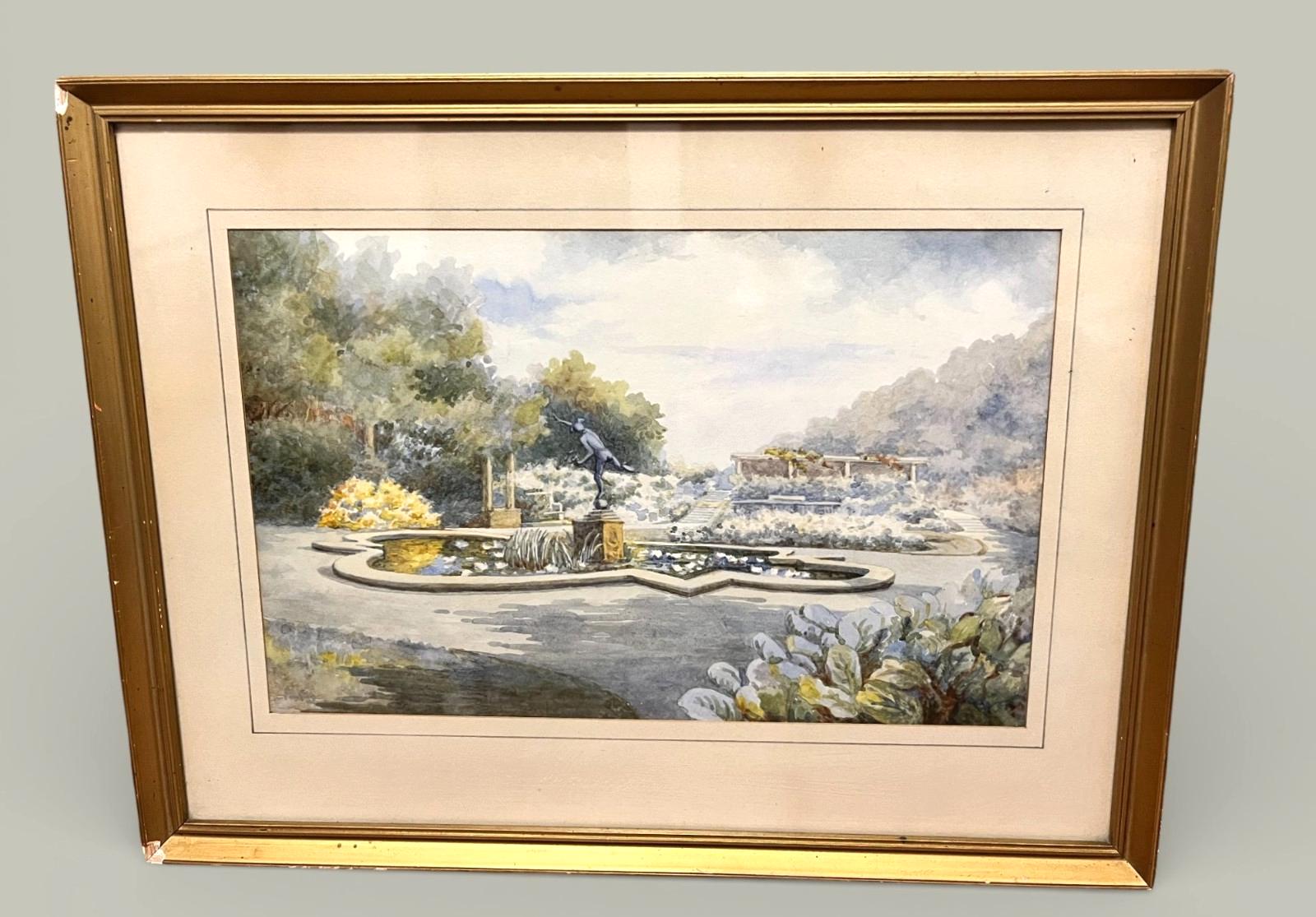 Vintage Watercolour Style Garden Fountain Print Framed or Unframed 45x35cm