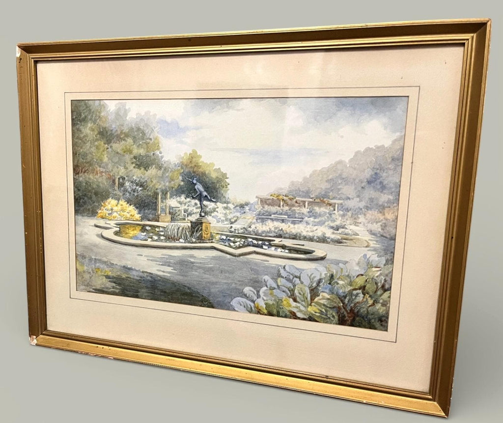 Vintage Watercolour Style Garden Fountain Print Framed or Unframed 45x35cm