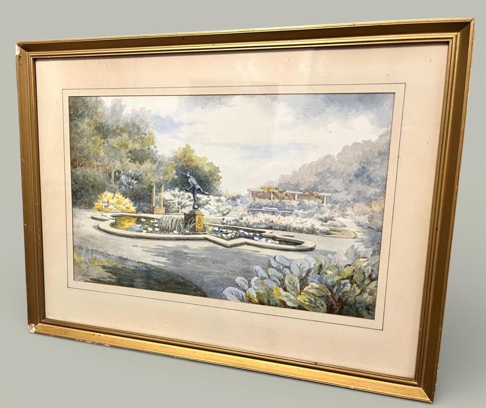 Vintage Watercolour Style Garden Fountain Print Framed or Unframed 45x35cm