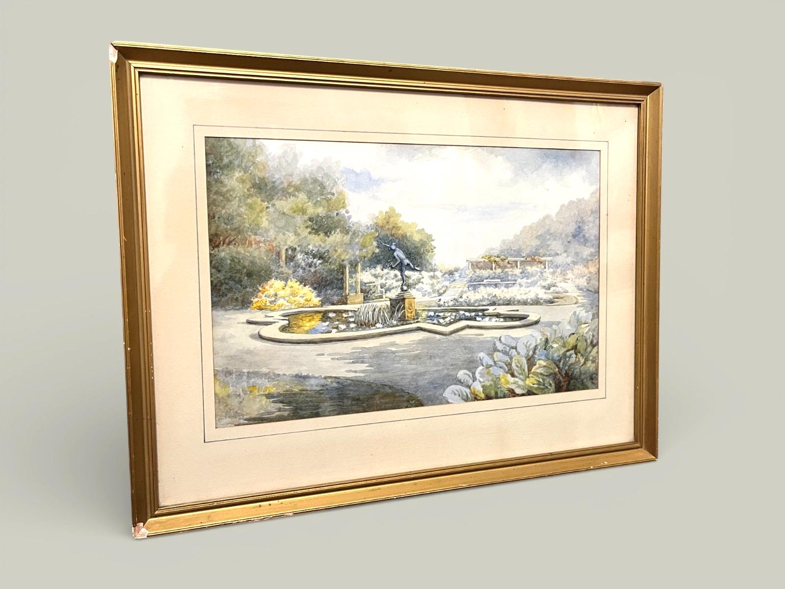 Vintage Watercolour Style Garden Fountain Print Framed or Unframed 45x35cm