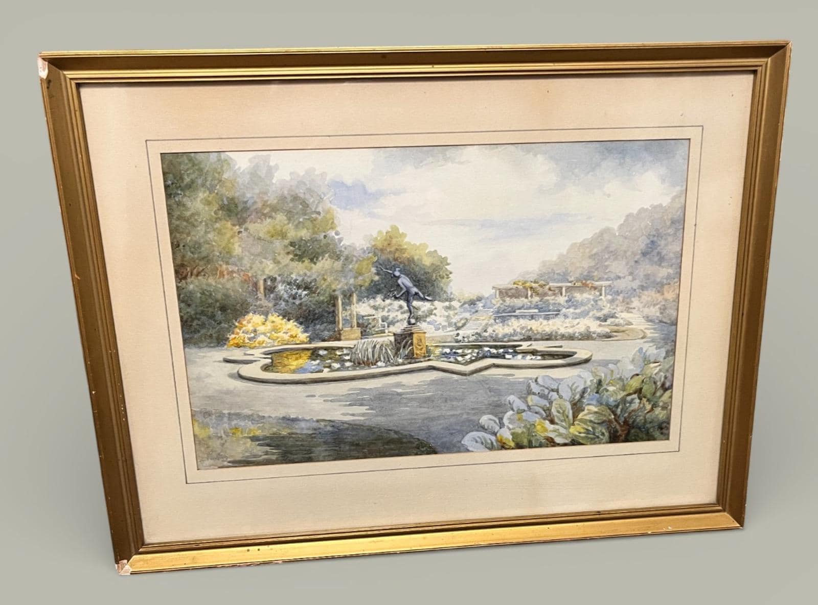 Vintage Watercolour Style Garden Fountain Print Framed or Unframed 45x35cm