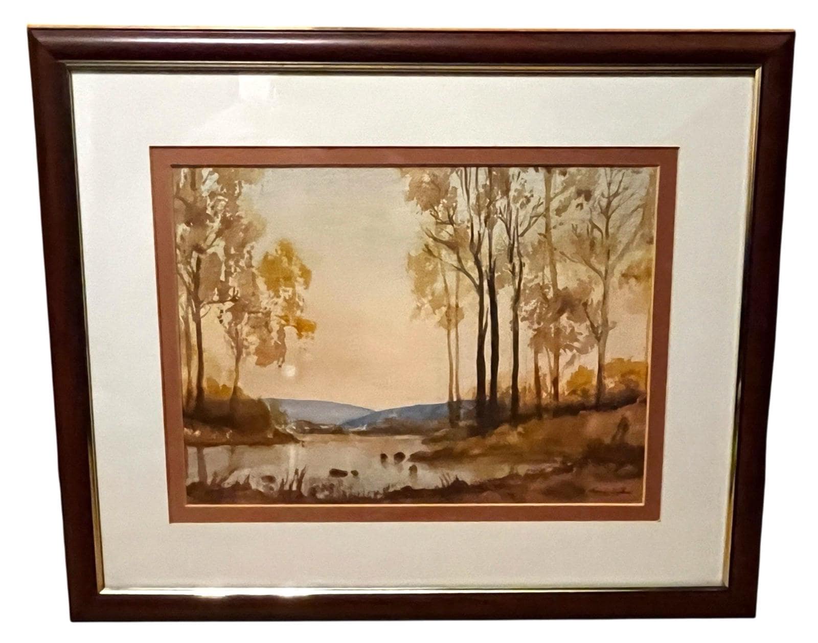 Evening Woodland Lake Watercolour Painting Framed 56x45cm Signed N. Jackson