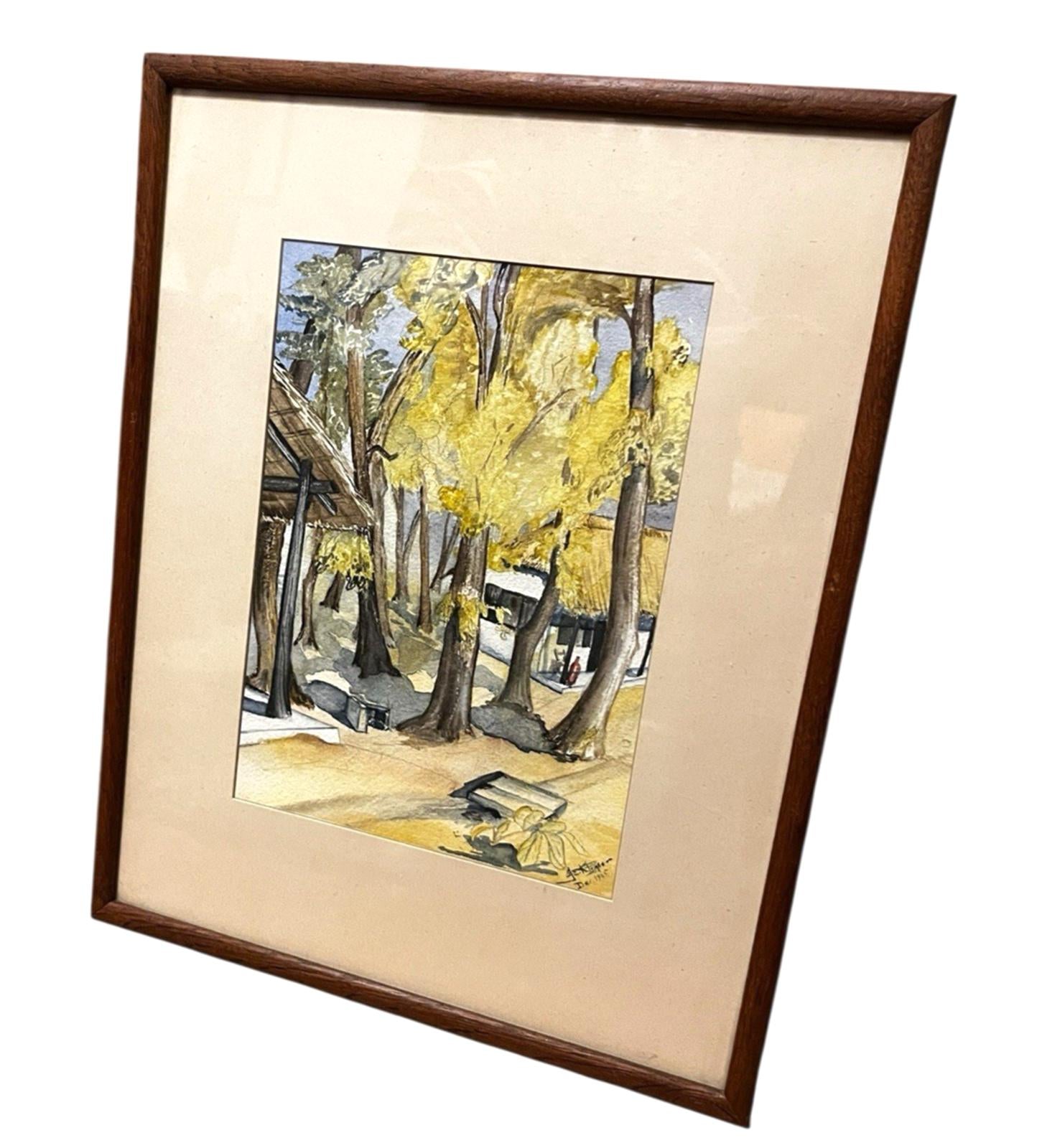 1945 Framed Watercolour Landscape Trees Scene Signed by Artist 40 x 32cm Vintage