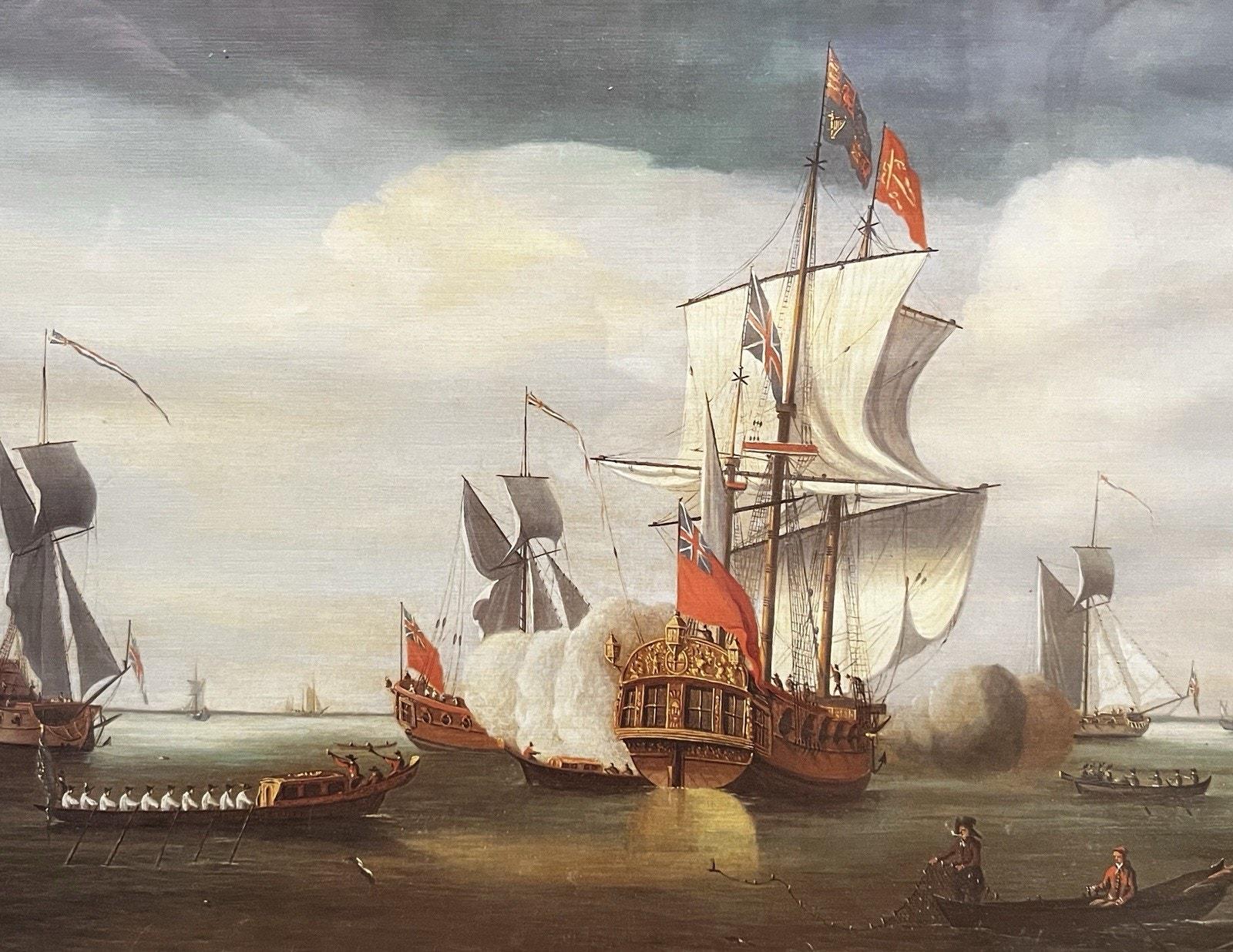 Vintage Maritime Battle Scene Print Framed Naval Ships 42x32cm Tall Ships