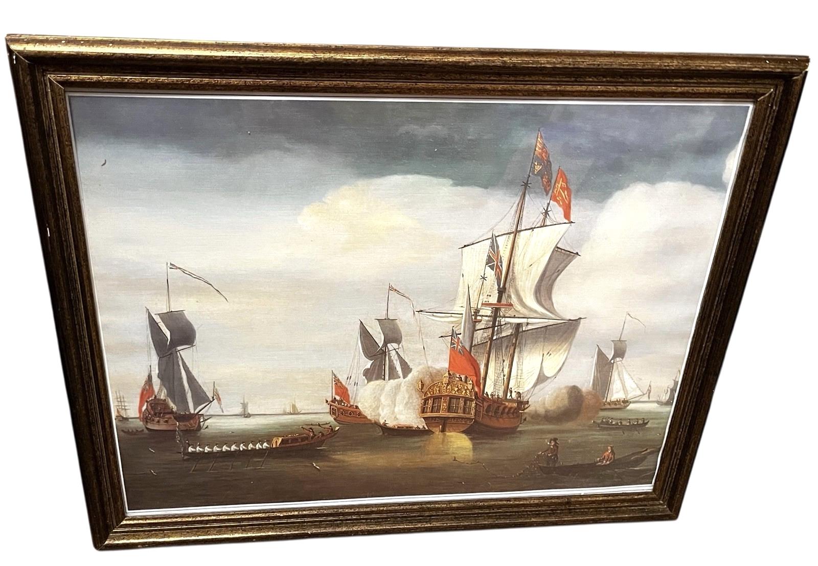 Vintage Maritime Battle Scene Print Framed Naval Ships 42x32cm Tall Ships