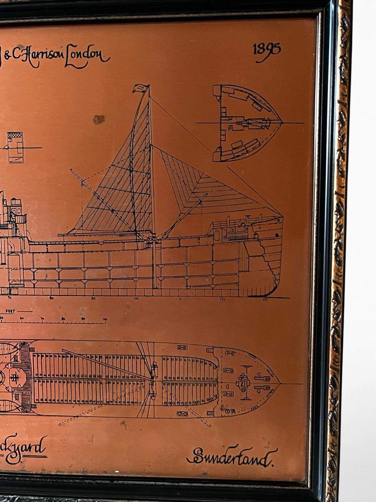 Antique Copper Engraving Ship Plan “S.S. Harbury” Wear Dockyard 1895