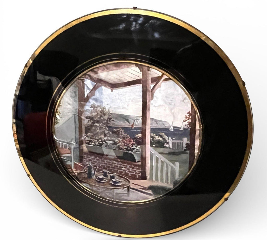 Vintage Set of 9 Framed Foil Art Wall Plaques Coastal & Village Scenes Black