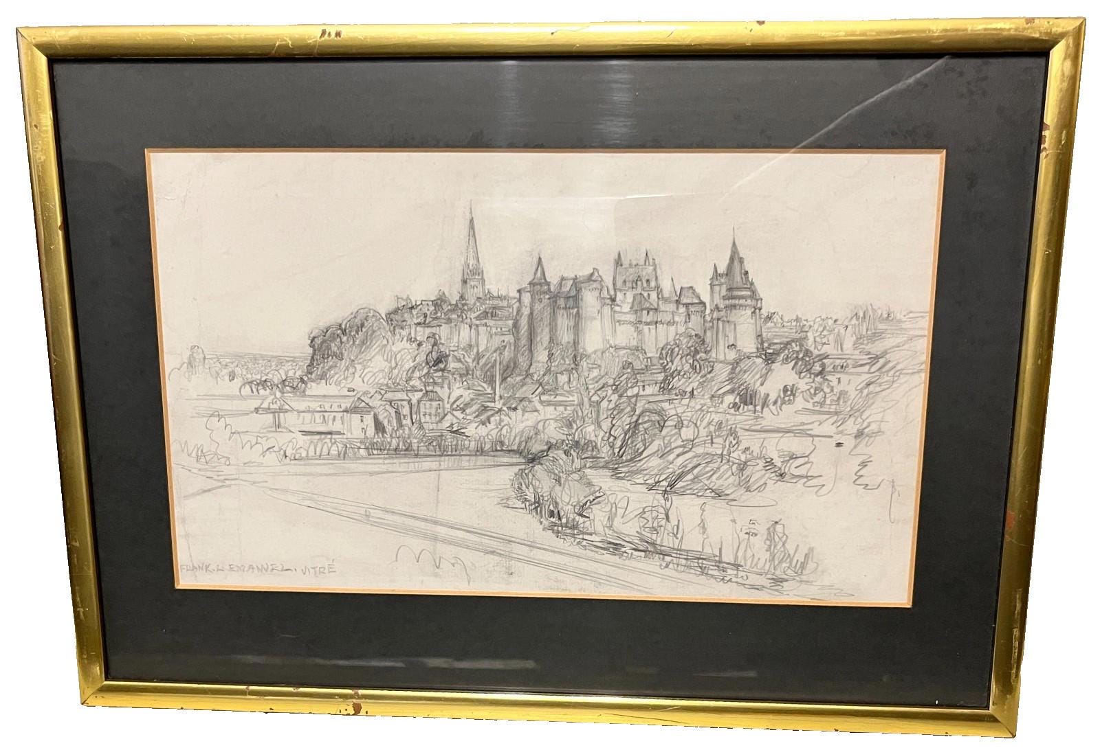 Frank L. Emanuel Original Drawing Vitré 44x31cm French Town Pencil Sketch