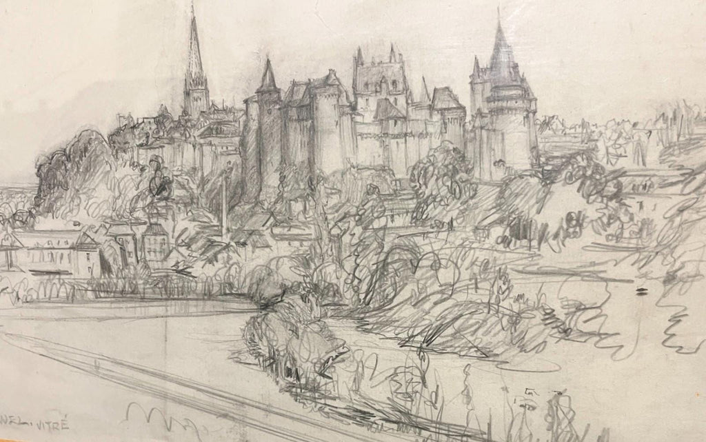 Frank L. Emanuel Original Drawing Vitré 44x31cm French Town Pencil Sketch