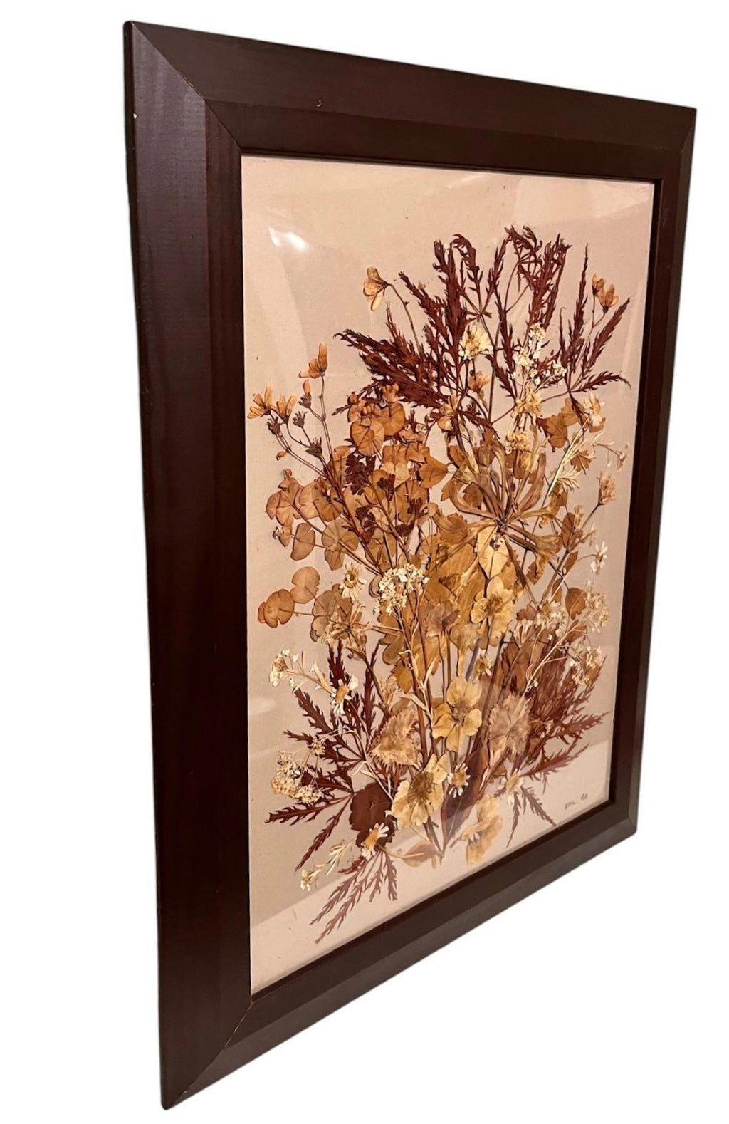 Vintage Pressed Flower Art – Signed EML 1990 – Framed Retro Botanical Art 37x48cm