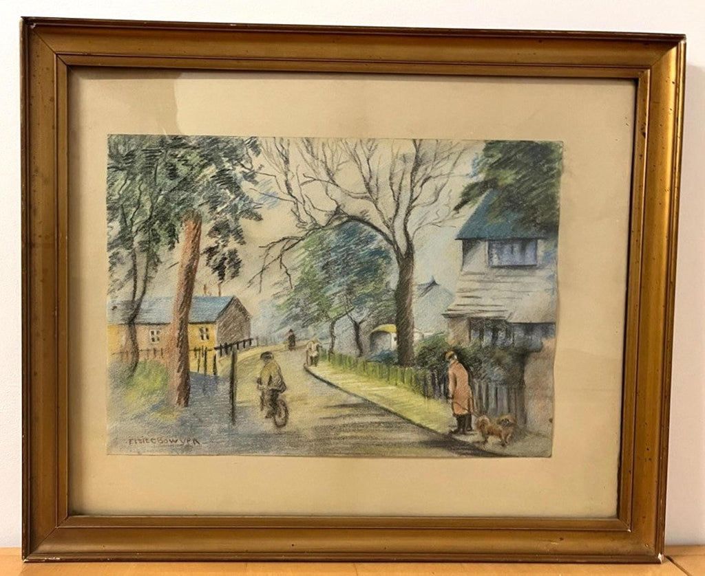 Vintage Signed Pastel by Elsie Bowyer – Framed Village Street Scene 60x49cm