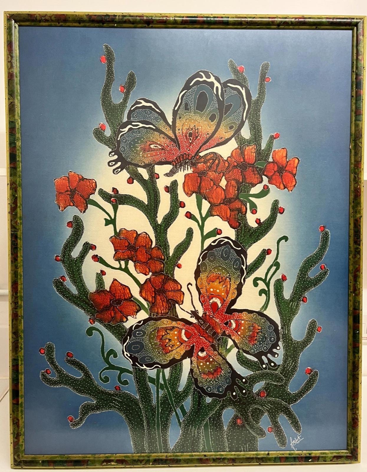 Large Framed Batik Textile Wall Art Butterflies Flowers 91cm Vintage Fabric