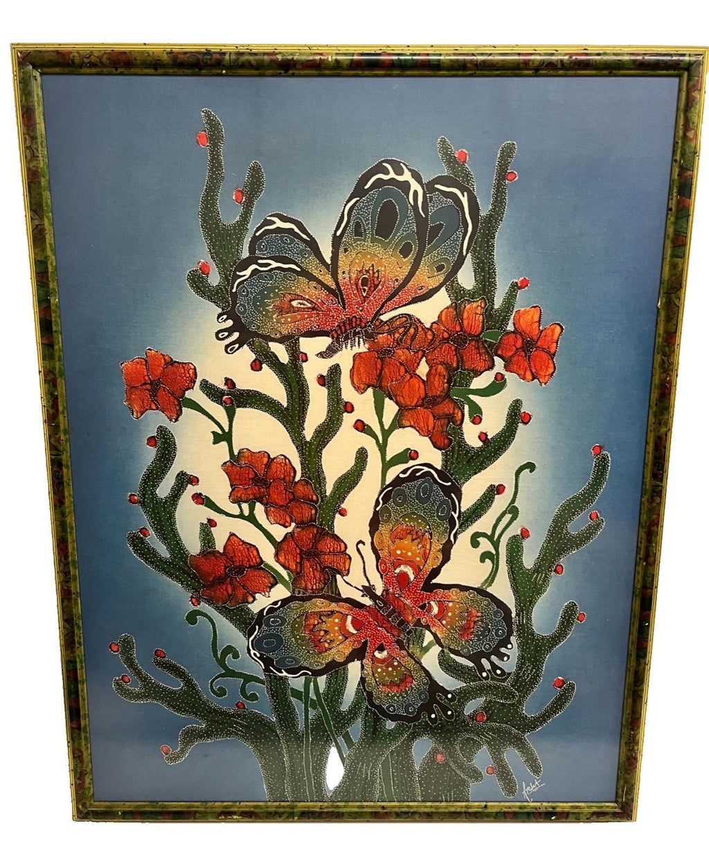 Large Framed Batik Textile Wall Art Butterflies Flowers 91cm Vintage Fabric