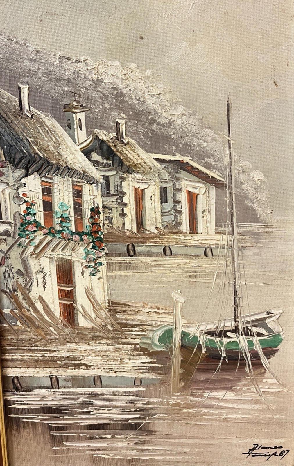 Signed Alonso ’87 Oil Painting Seaside Village Boat Scene Framed 22×36cm