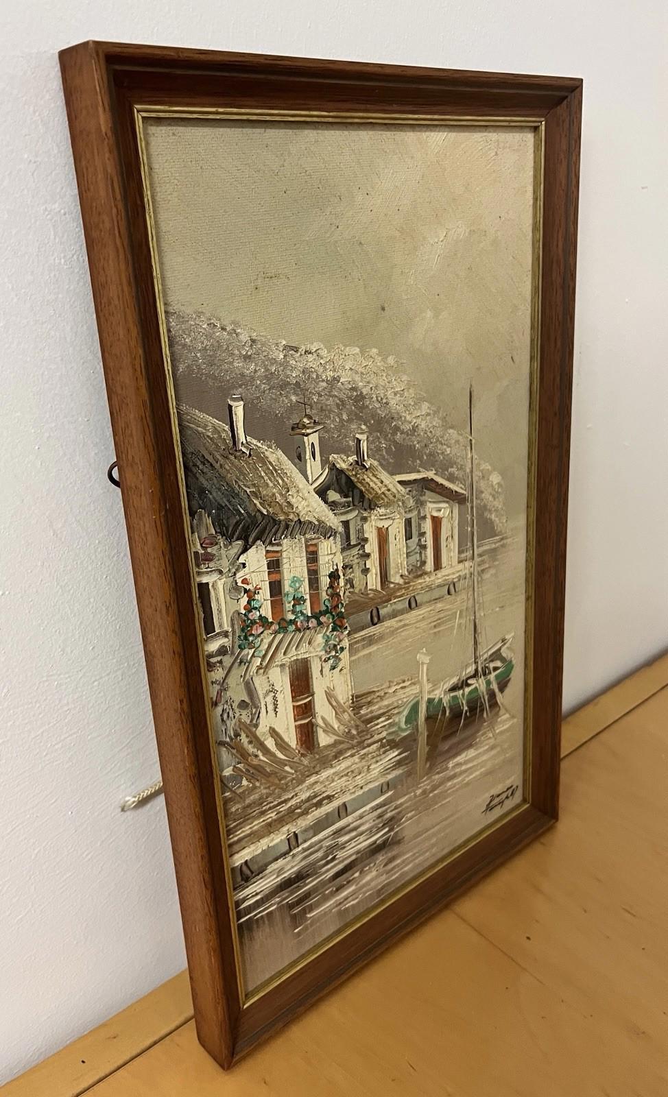 Signed Alonso ’87 Oil Painting Seaside Village Boat Scene Framed 22×36cm