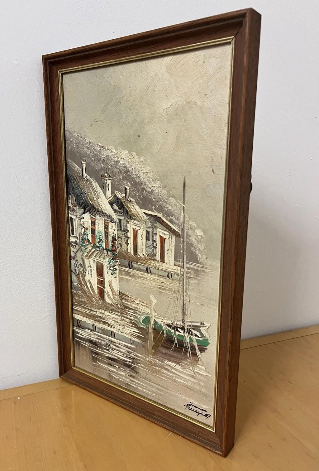 Signed Alonso ’87 Oil Painting Seaside Village Boat Scene Framed 22×36cm