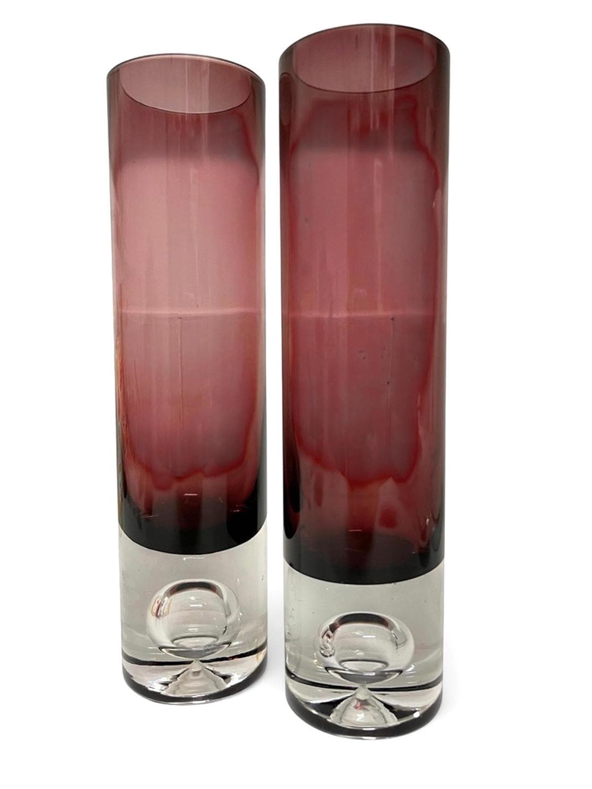 Pair Bo Borgström Åseda Amethyst Glass Vases 23.5cm Swedish MCM Bubble Base