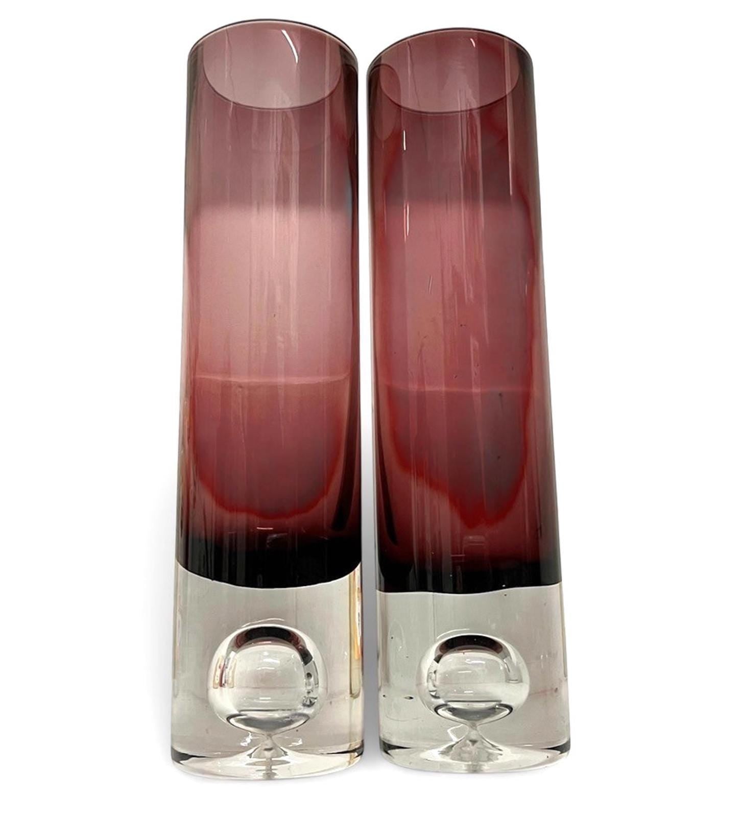 Pair Bo Borgström Åseda Amethyst Glass Vases 23.5cm Swedish MCM Bubble Base