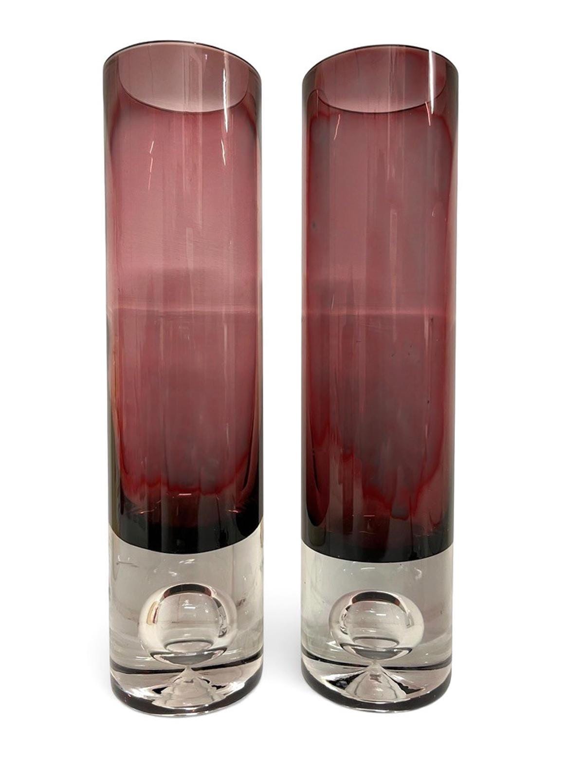 Pair Bo Borgström Åseda Amethyst Glass Vases 23.5cm Swedish MCM Bubble Base