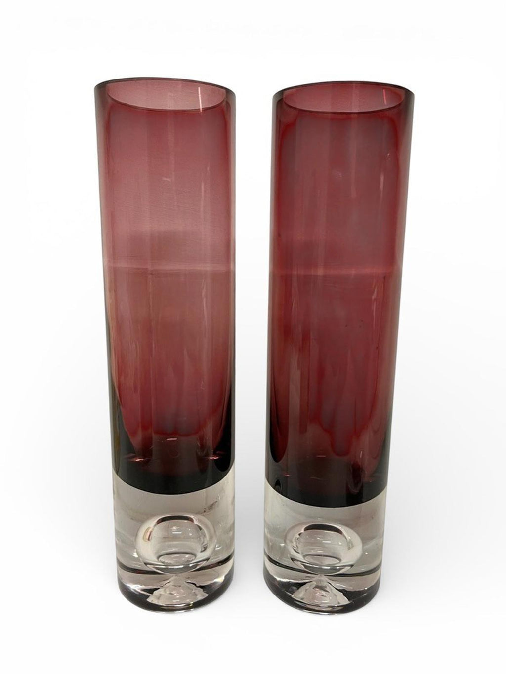 Pair Bo Borgström Åseda Amethyst Glass Vases 23.5cm Swedish MCM Bubble Base