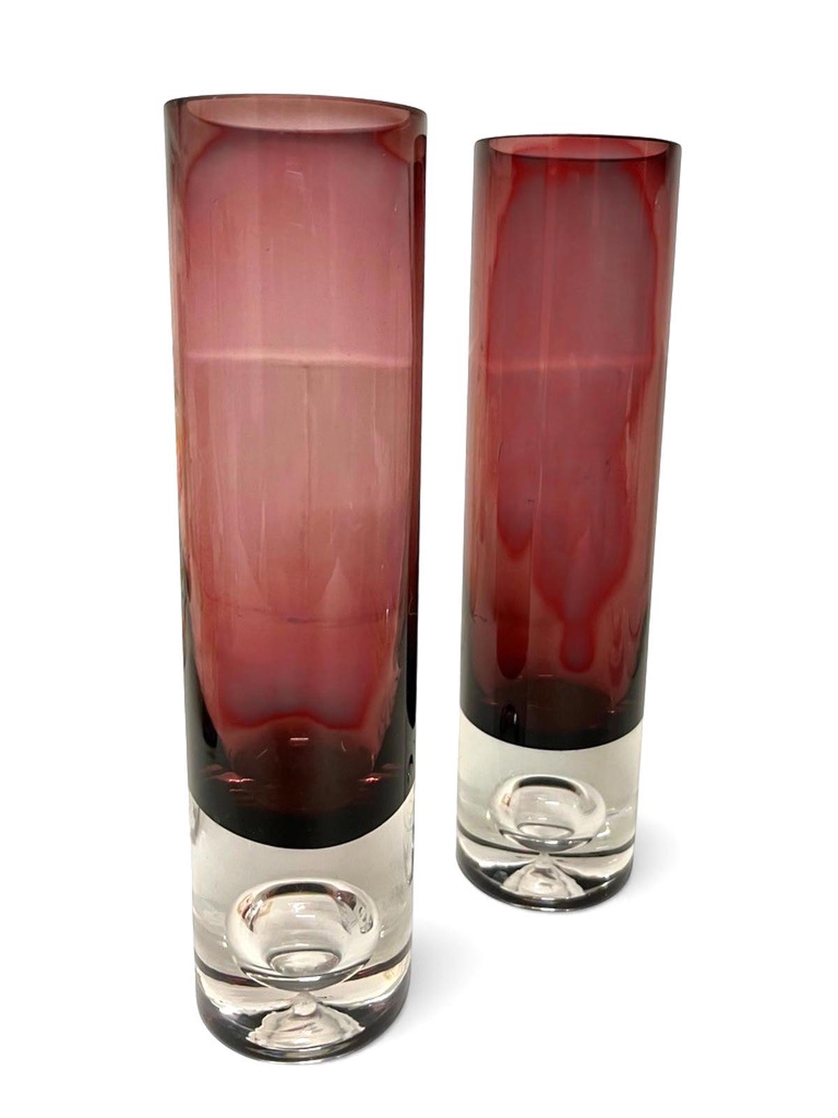 Pair Bo Borgström Åseda Amethyst Glass Vases 23.5cm Swedish MCM Bubble Base