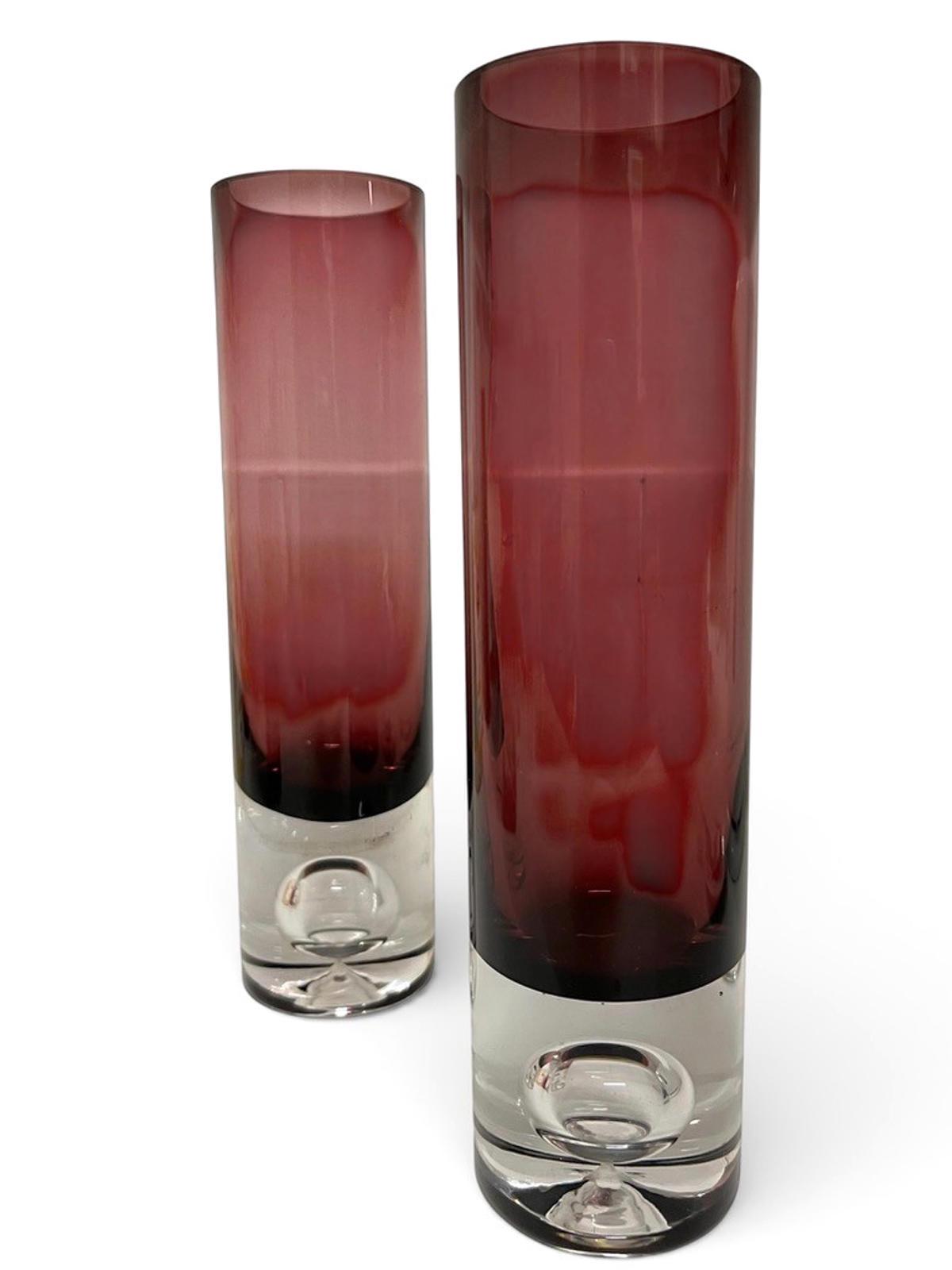 Pair Bo Borgström Åseda Amethyst Glass Vases 23.5cm Swedish MCM Bubble Base