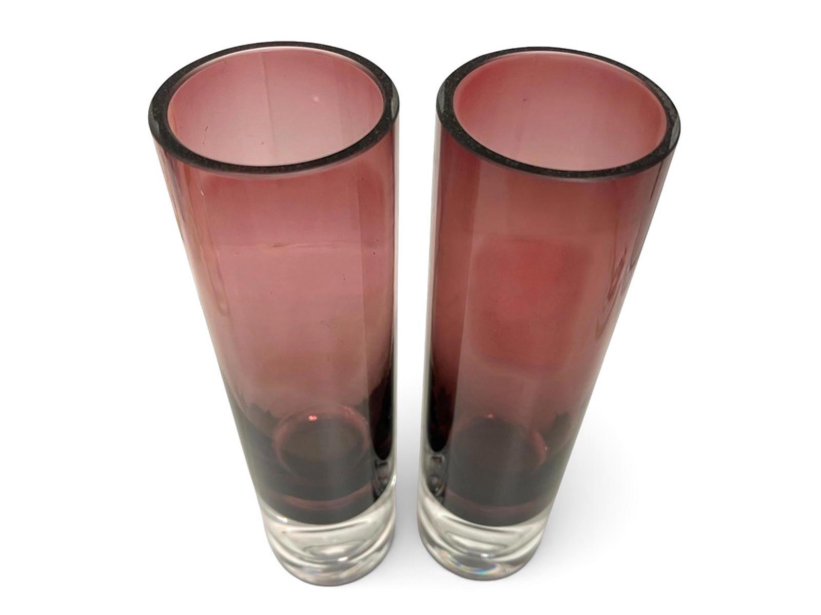 Pair Bo Borgström Åseda Amethyst Glass Vases 23.5cm Swedish MCM Bubble Base