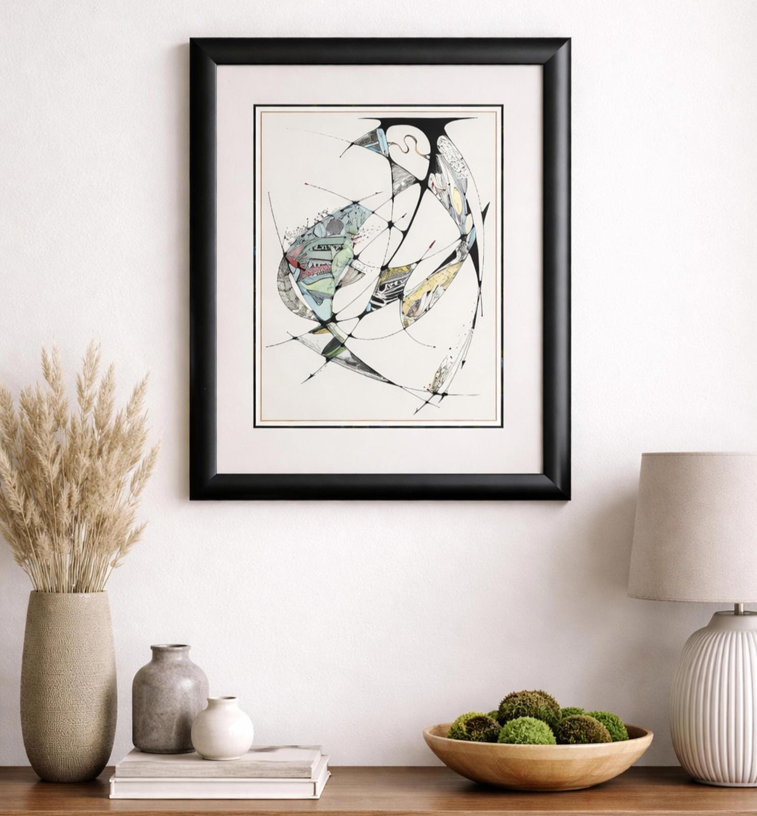 Framed Abstract Drawing Signed Tuzan N93 Colourful Surreal Art Design | 71x58cm