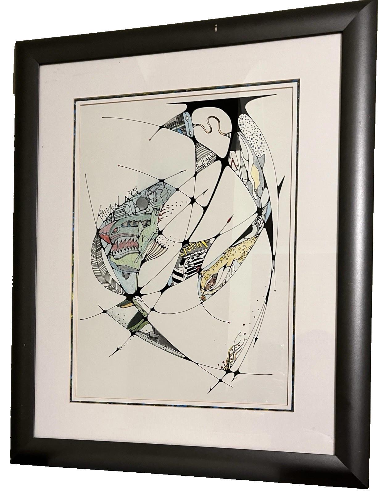 Framed Abstract Drawing Signed Tuzan N93 Colourful Surreal Art Design | 71x58cm