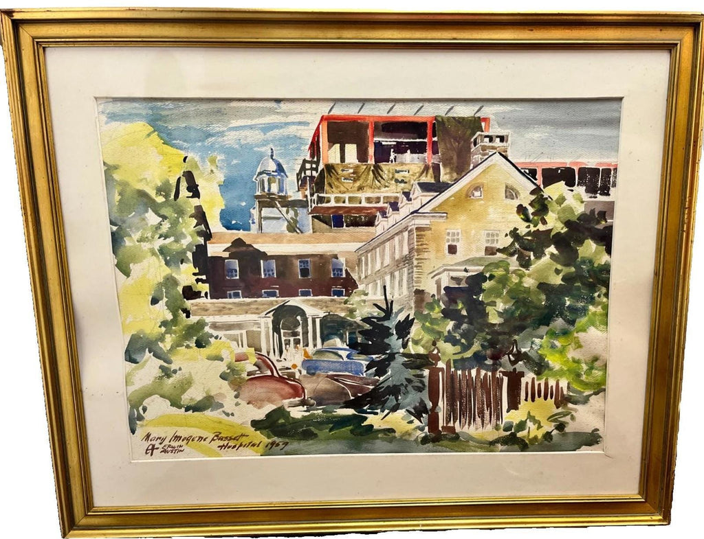 Erwin Austin 1959 Watercolour, Cooperstown Hospital Architectural Art, Mid Century Framed Painting