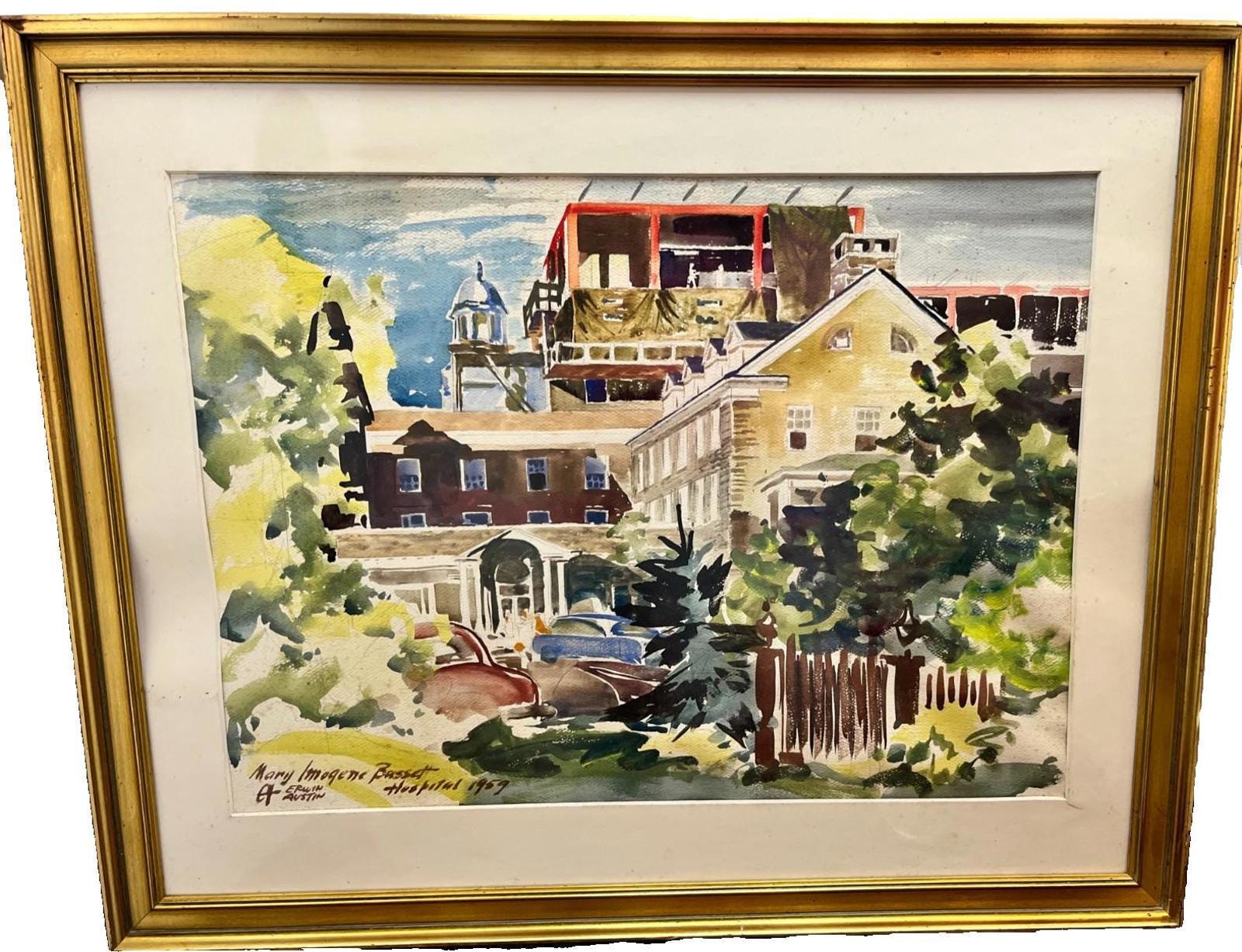Erwin Austin 1959 Watercolour, Cooperstown Hospital Architectural Art, Mid Century Framed Painting