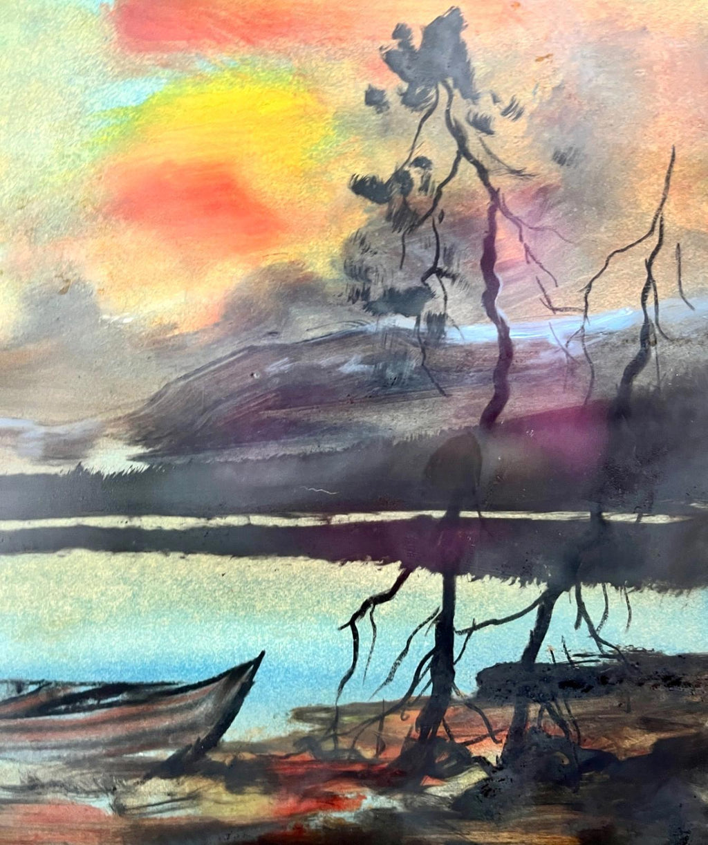 Vintage Watercolour Lake Boat Sunset Landscape Painting, Mid Century Framed Art, Original Nature Scene