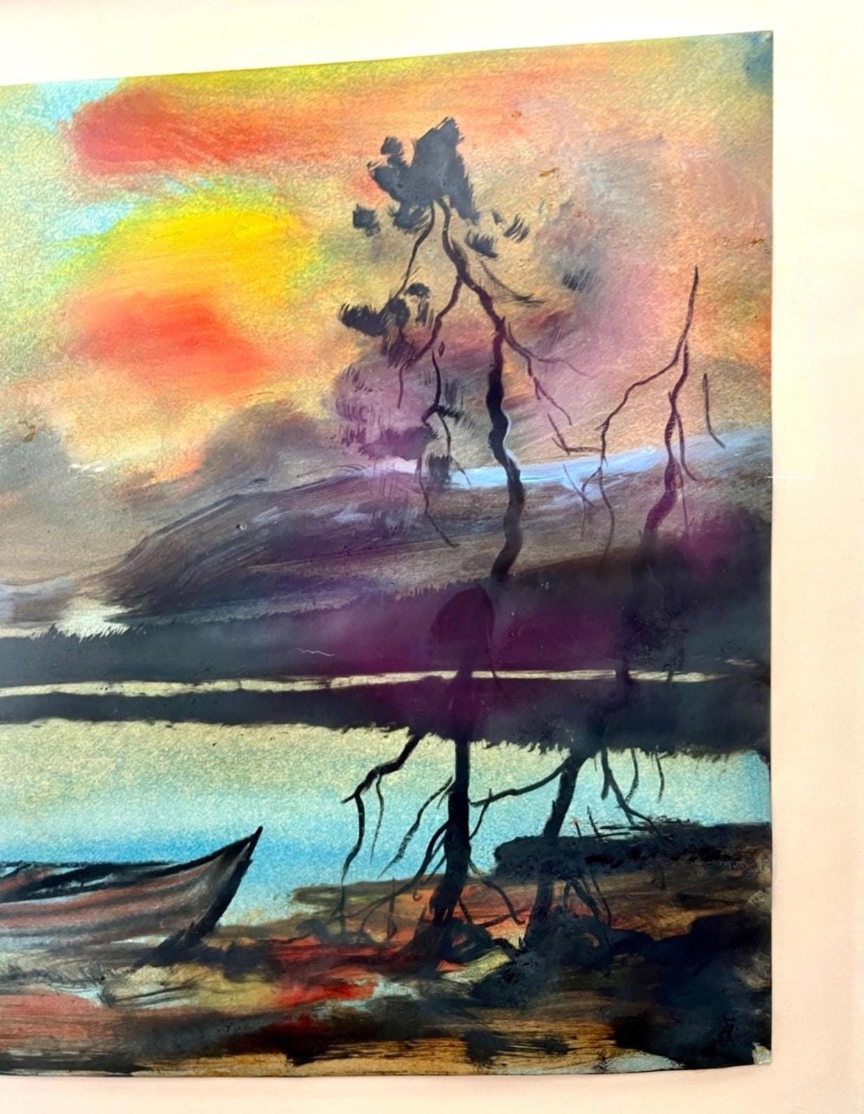 Vintage Watercolour Lake Boat Sunset Landscape Painting, Mid Century Framed Art, Original Nature Scene