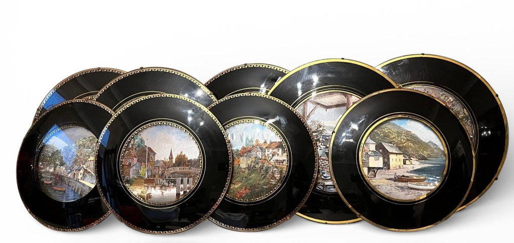 Vintage Set of 9 Framed Foil Art Wall Plaques Coastal & Village Scenes Black