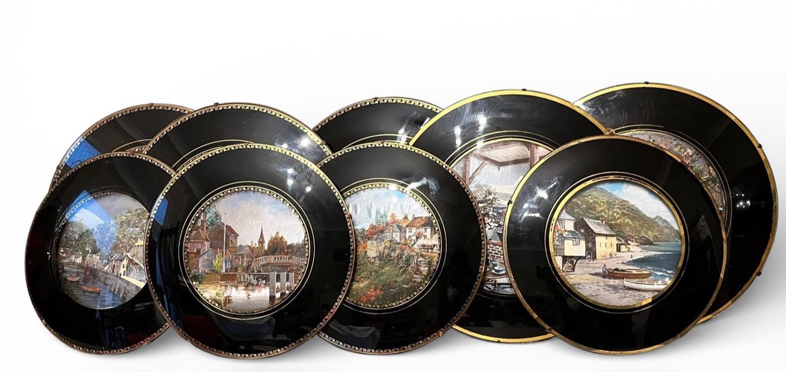 Vintage Set of 9 Framed Foil Art Wall Plaques Coastal & Village Scenes Black