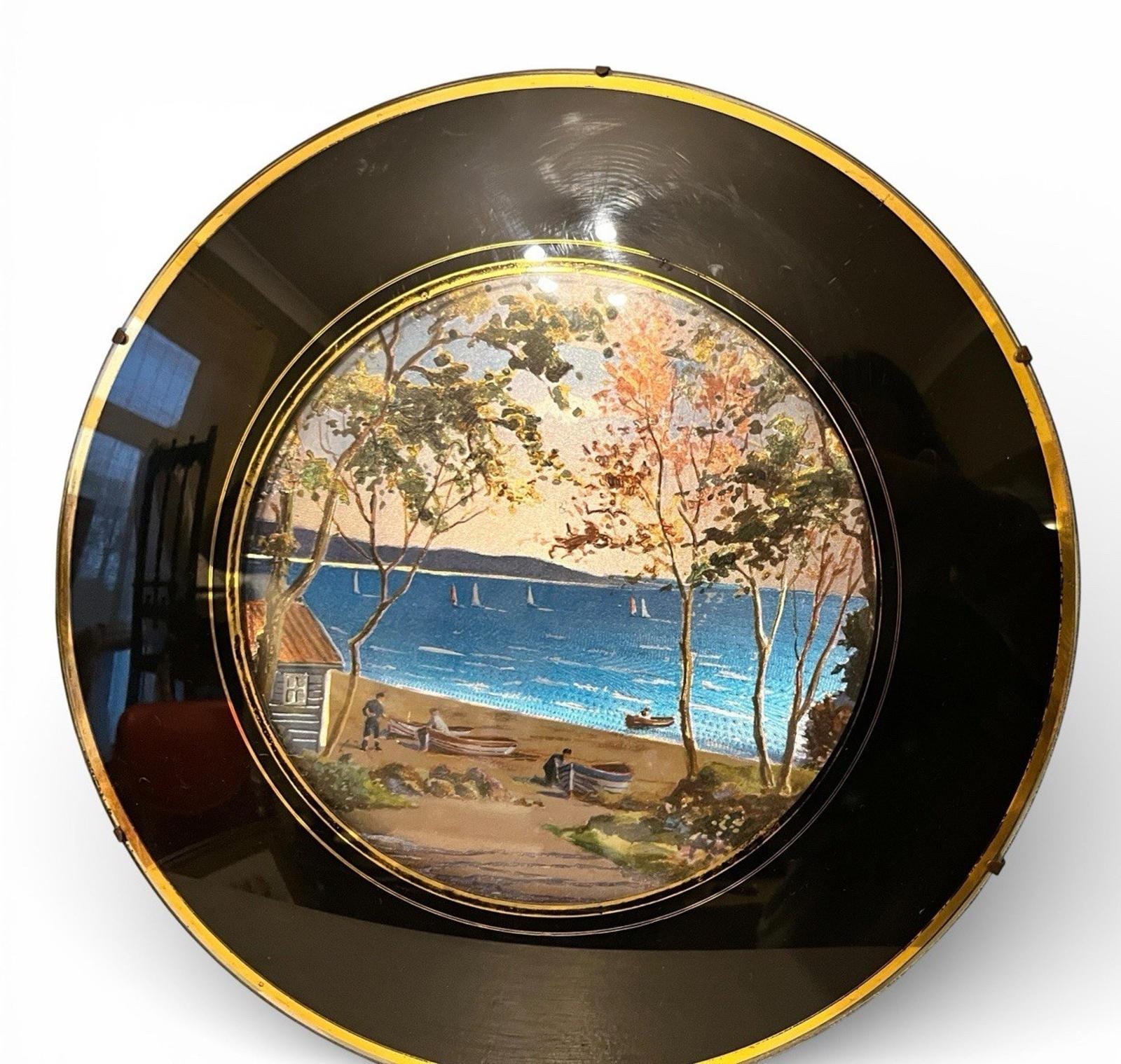 Vintage Set of 9 Framed Foil Art Wall Plaques Coastal & Village Scenes Black