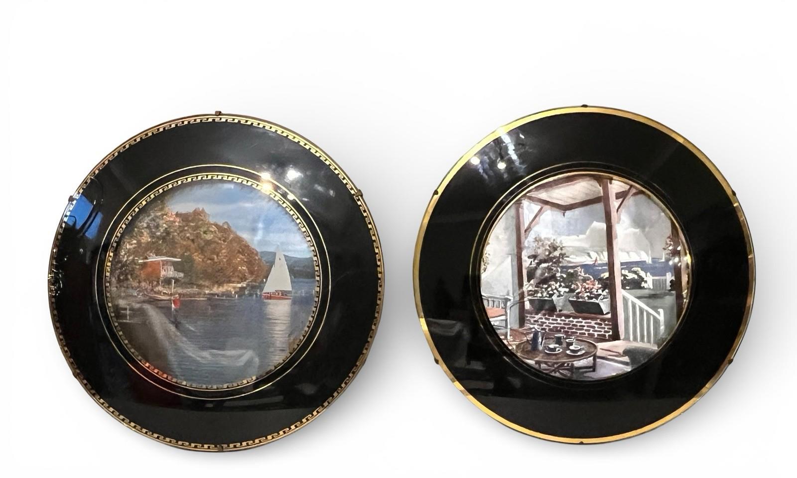 Vintage Set of 9 Framed Foil Art Wall Plaques Coastal & Village Scenes Black