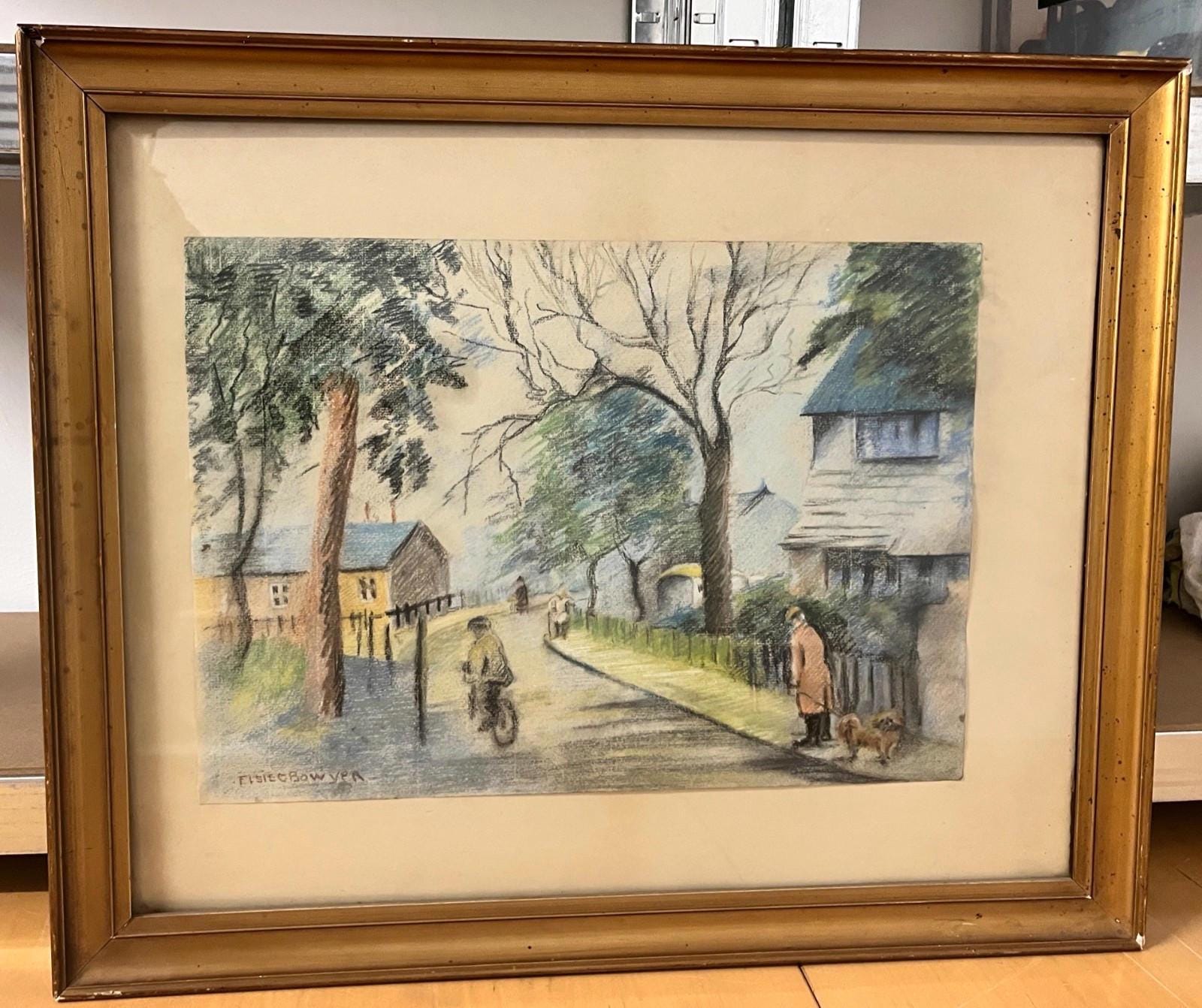Vintage Signed Pastel by Elsie Bowyer – Framed Village Street Scene 60x49cm