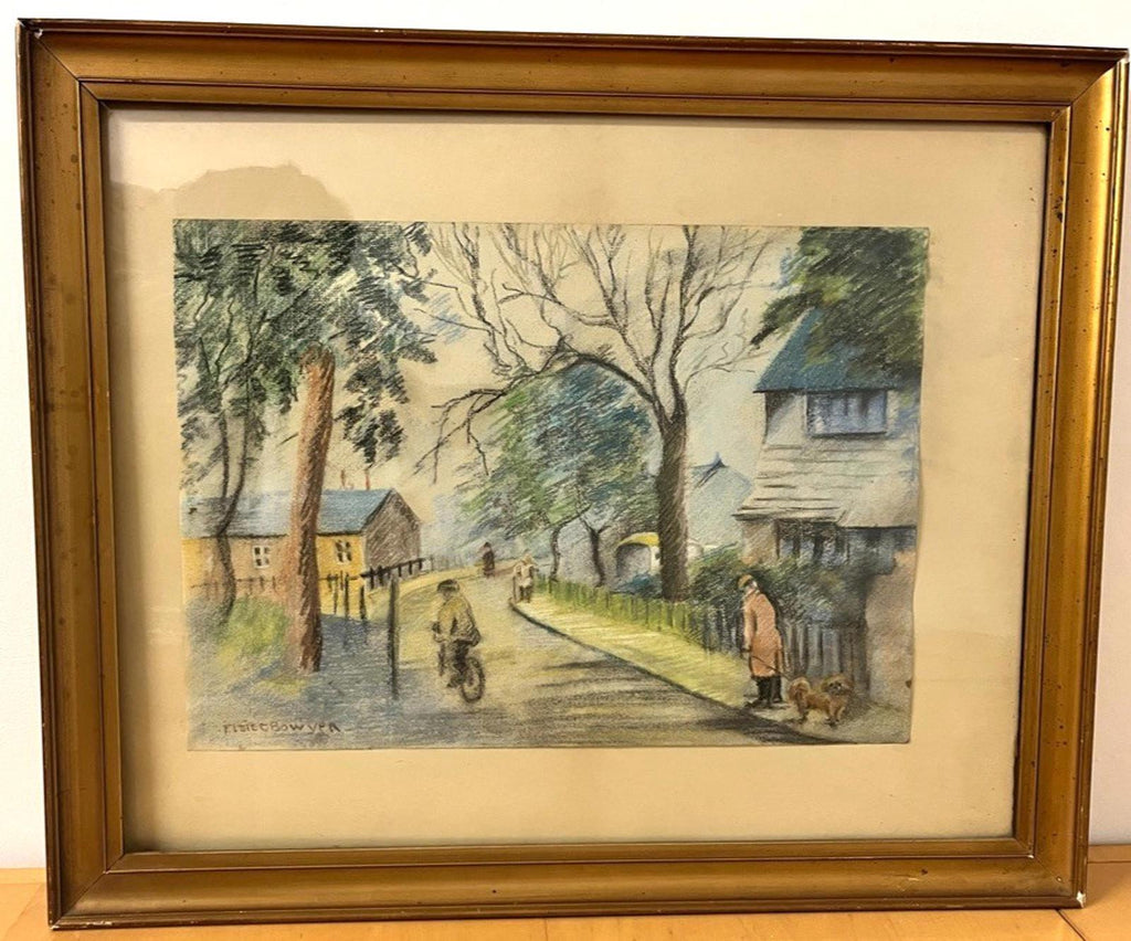 Vintage Signed Pastel by Elsie Bowyer – Framed Village Street Scene 60x49cm