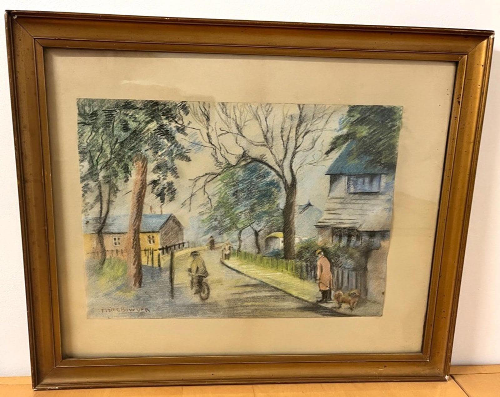 Vintage Signed Pastel by Elsie Bowyer – Framed Village Street Scene 60x49cm