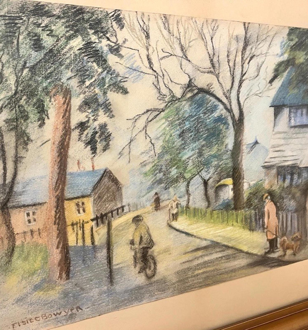 Vintage Signed Pastel by Elsie Bowyer – Framed Village Street Scene 60x49cm
