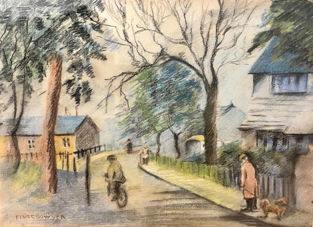 Vintage Signed Pastel by Elsie Bowyer – Framed Village Street Scene 60x49cm