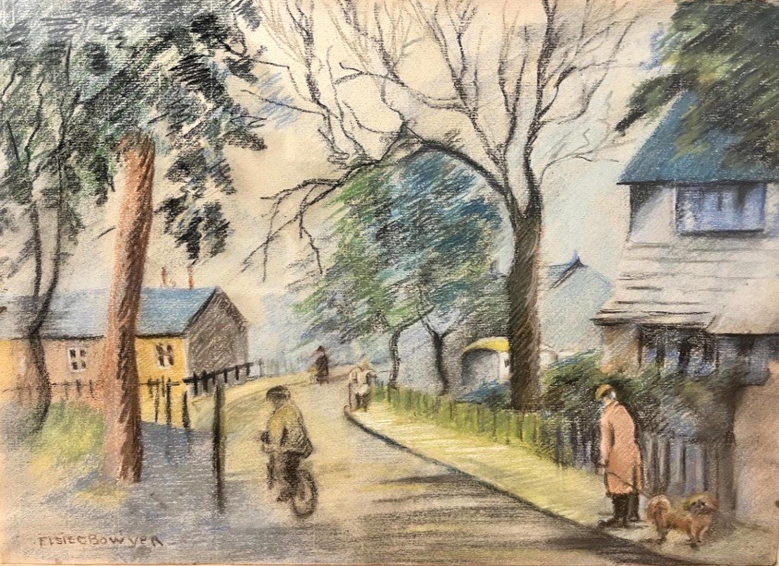 Vintage Signed Pastel by Elsie Bowyer – Framed Village Street Scene 60x49cm