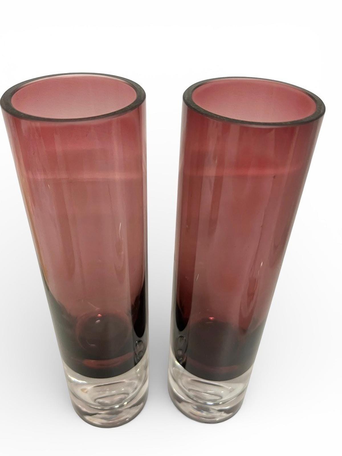 Pair Bo Borgström Åseda Amethyst Glass Vases 23.5cm Swedish MCM Bubble Base
