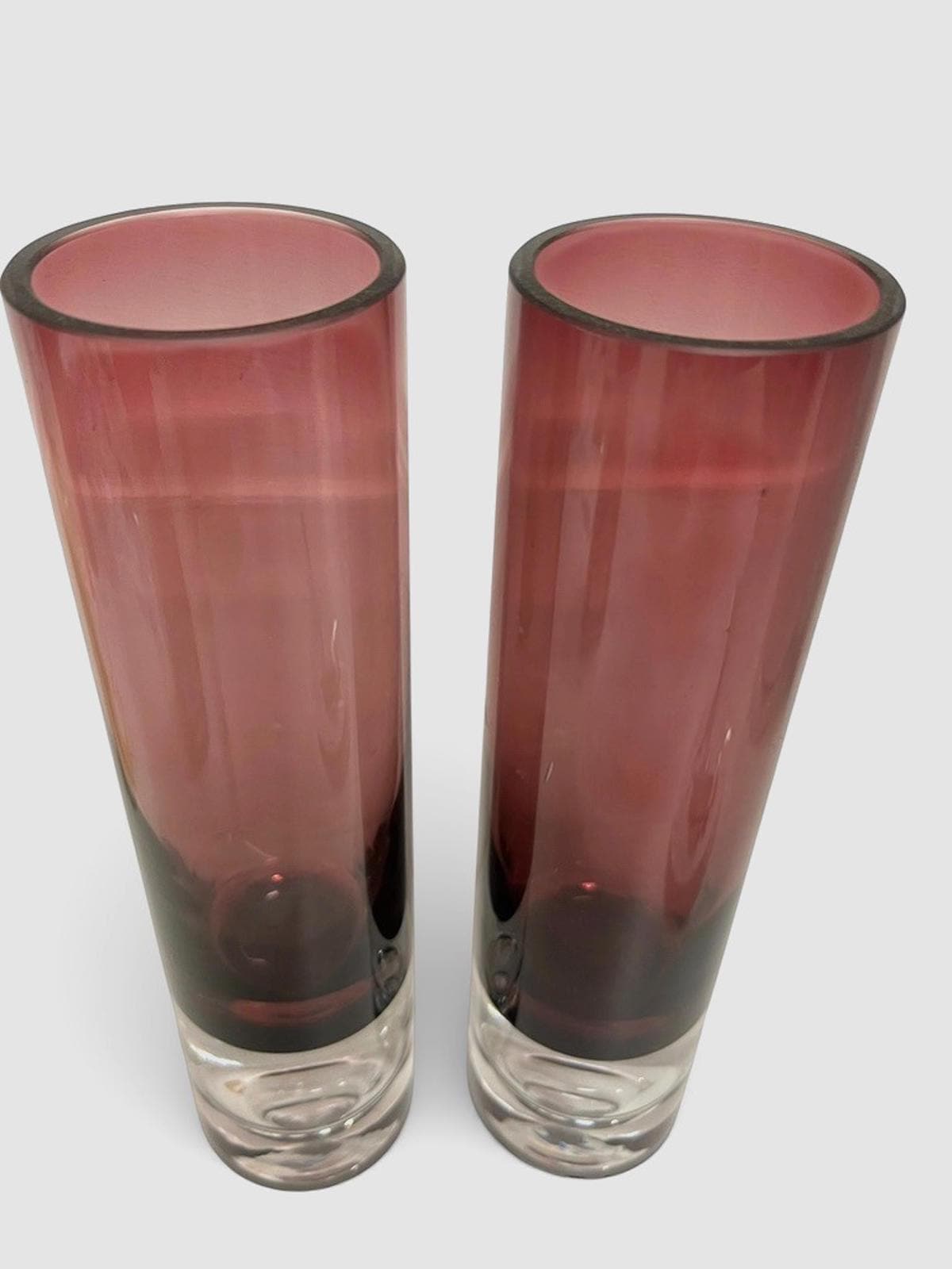 Pair Bo Borgström Åseda Amethyst Glass Vases 23.5cm Swedish MCM Bubble Base