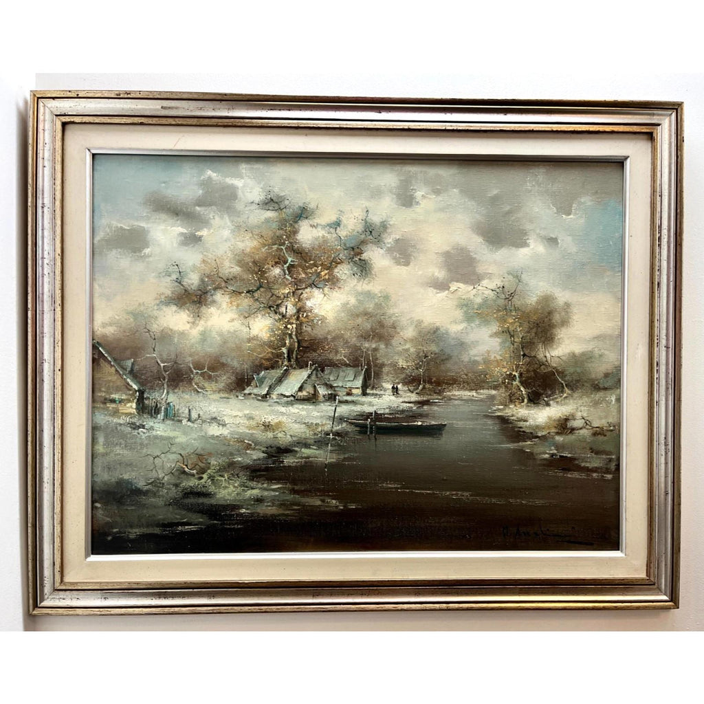 Vintage Oil Painting Winter River Landscape Italian Signed Framed 98cm