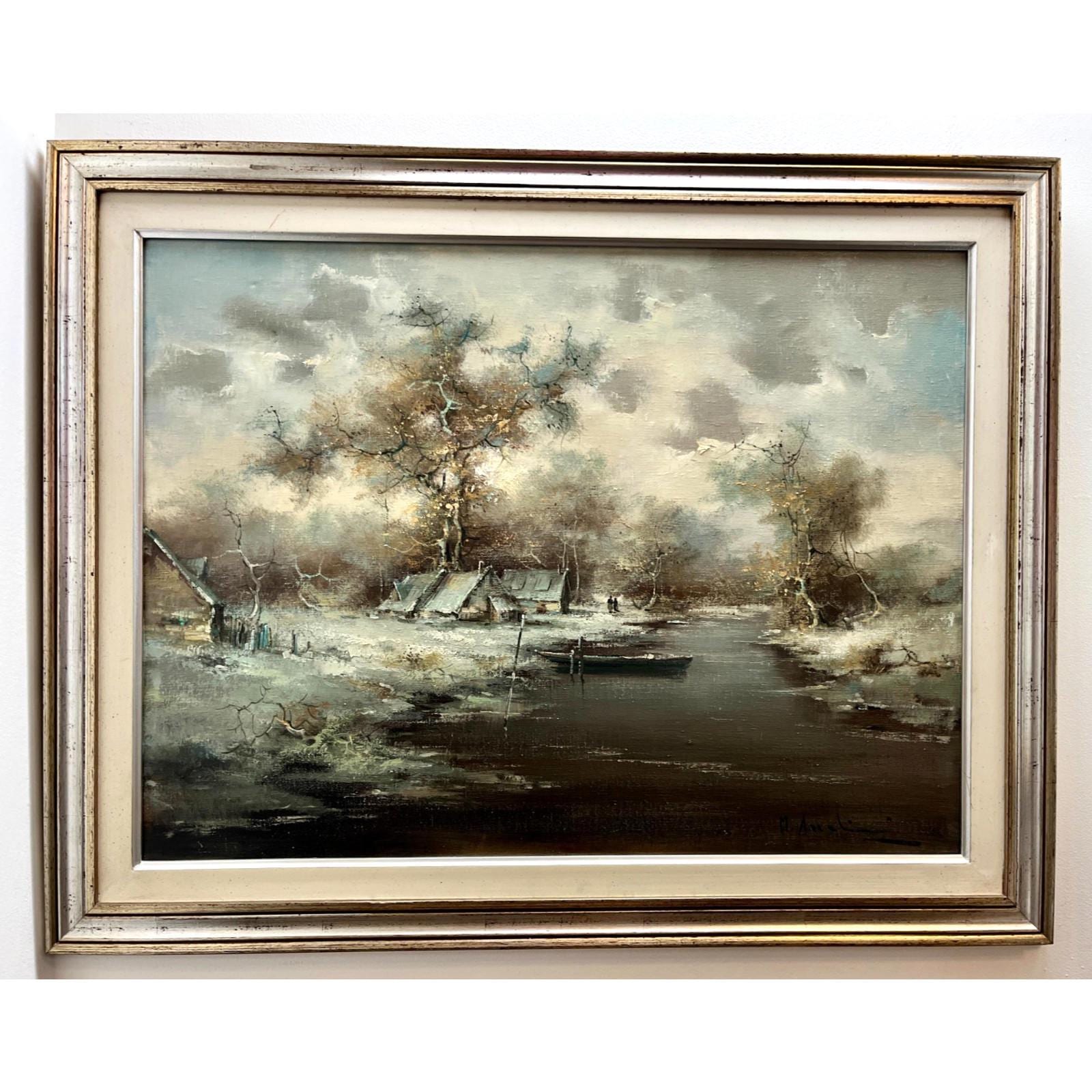 Vintage Oil Painting Winter River Landscape Italian Signed Framed 98cm